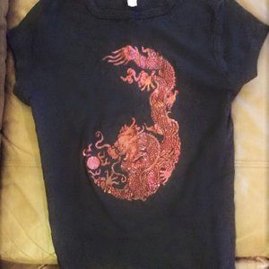 Y2K Red Black Chinese Dragon glitter babydoll tshirt top XL baby tee shirt 90's